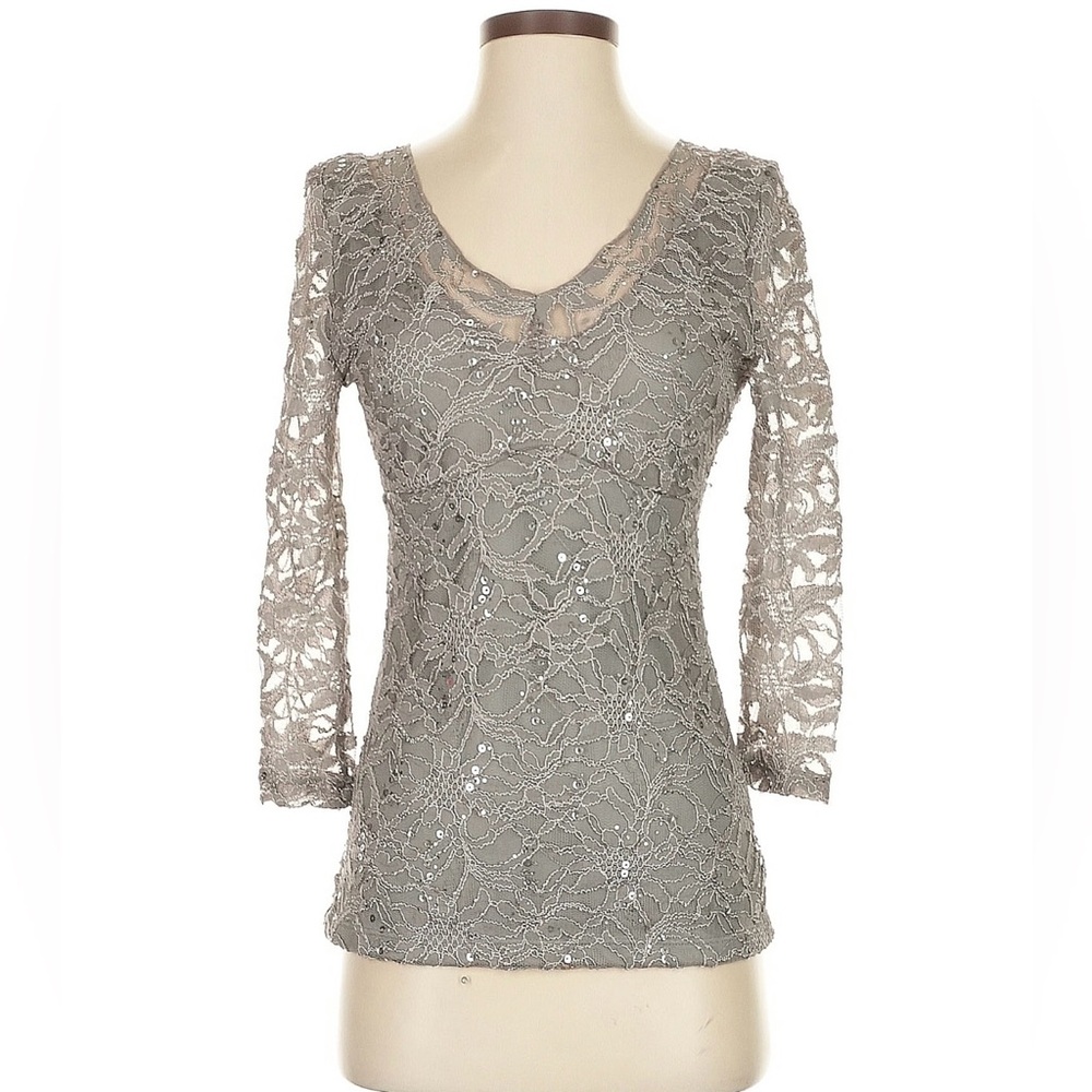 Boston Proper Elegant Silver Lace Top with Sequins
